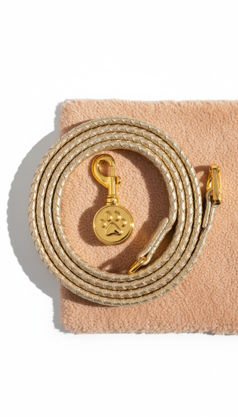 Braided Leather Dog Leash — Champagne & Gold